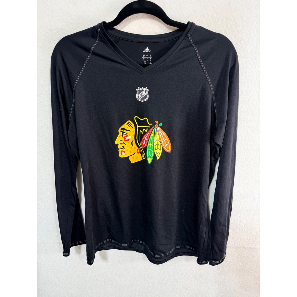 Adidas Chicago Blackhawks NHL Long Sleeve V-Neck Shirt Hockey Womens Large Black